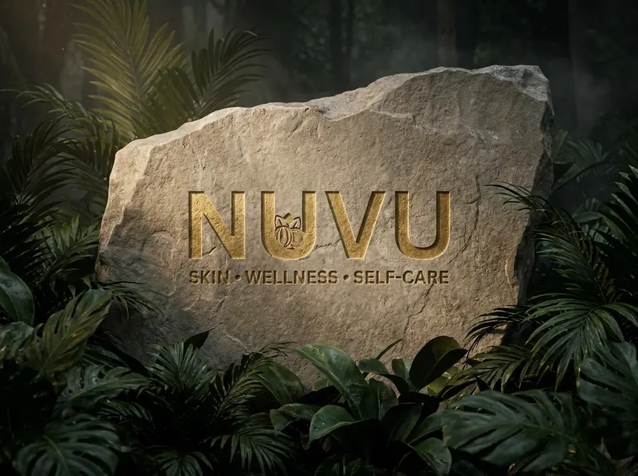 The Nuvu Holistic mark carved into stone, surrounded by foliage